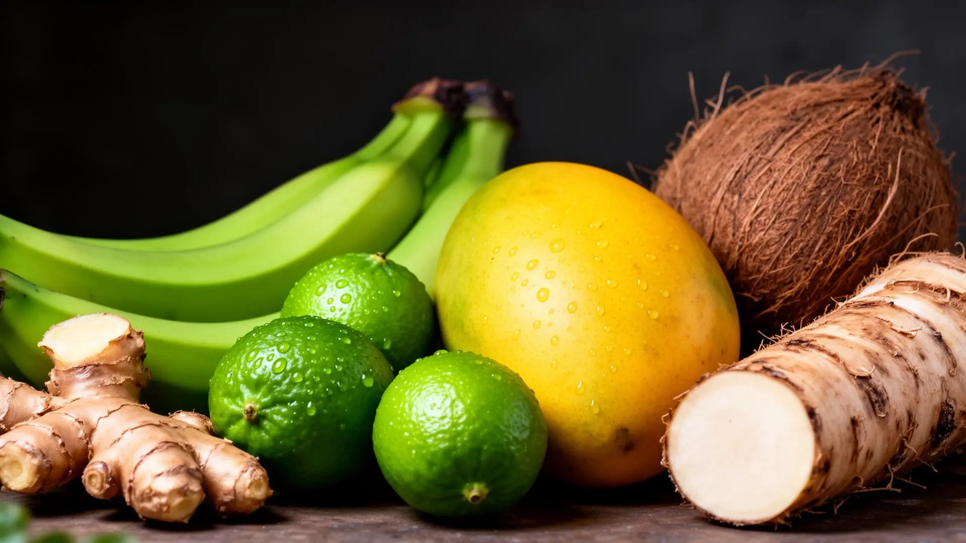 Premium tropical produce — fresh green plantains, limes, yuca, ginger, coconuts, and mangoes
